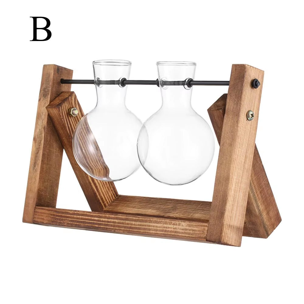 Hydroponic Plant Vases Glass Vase Vintage Bonsai Flower Pot Terrarium Tabletop Tray Wooden Frame Home Decor