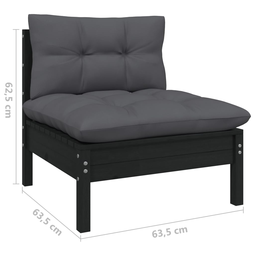 vidaXL Patio Middle Sofa with Cushions Black Solid Pinewood