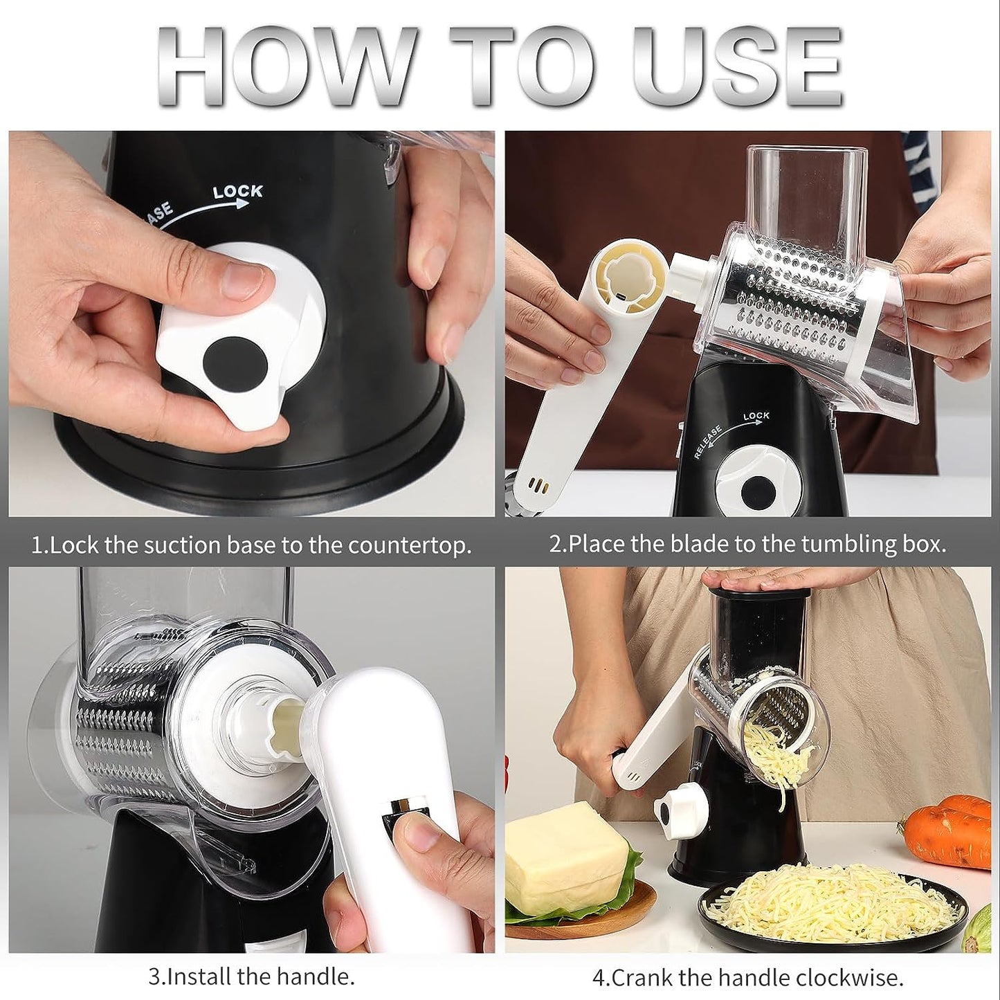 Rotary Cheese Grater Cheese Shredder - Kitchen Manual Cheese Grater with Handle Vegetable Slicer Nuts Grinder 3 Replaceable Drum Blades and Strong Suction Base Free Cleaning Brush