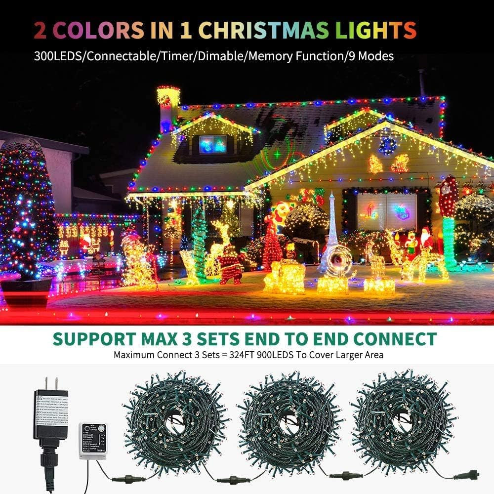 Haili 108FT Color Changing Christmas Lights, 300 LED Christmas Lights Outdoor, UL Certified 9 Lighting Modes for House Christmas Decoration, Christmas Tree Lights with Timer Remote