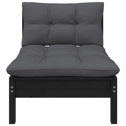 vidaXL Patio Middle Sofa with Cushions Black Solid Pinewood