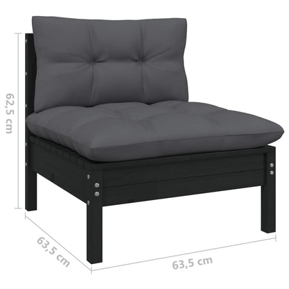 vidaXL Patio Middle Sofa with Cushions Black Solid Pinewood