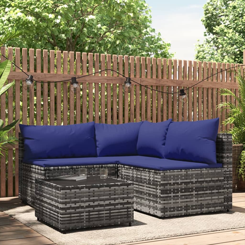 vidaXL 4 Piece Patio Lounge Set with Cushions Gray Poly Rattan