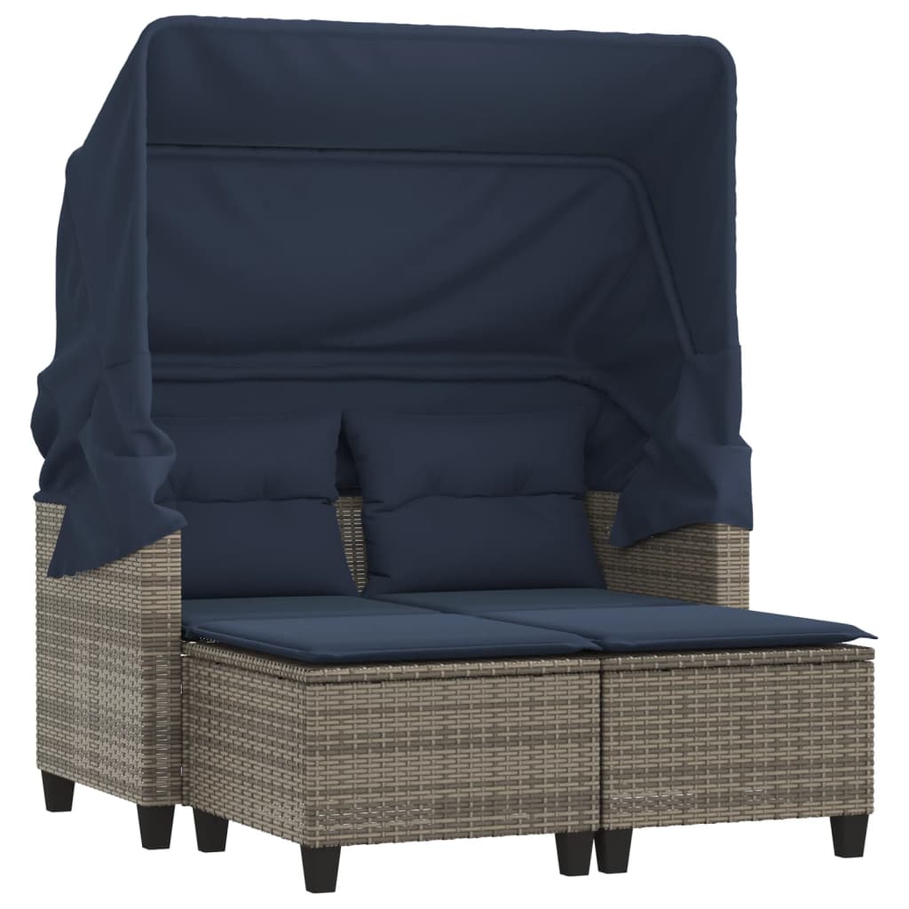 vidaXL Patio Sofa 2-Seater with Canopy and Stools Poly Rattan Brown/Gray/Black