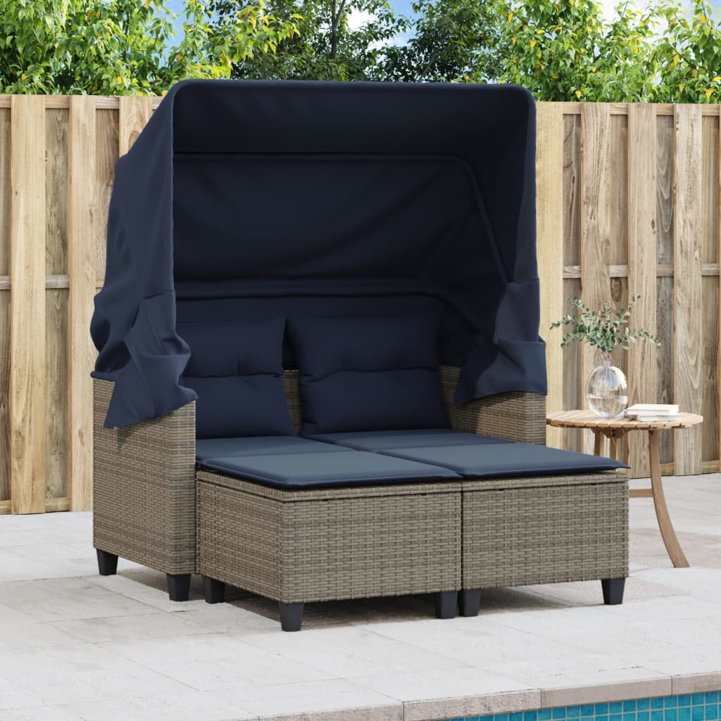 vidaXL Patio Sofa 2-Seater with Canopy and Stools Poly Rattan Brown/Gray/Black