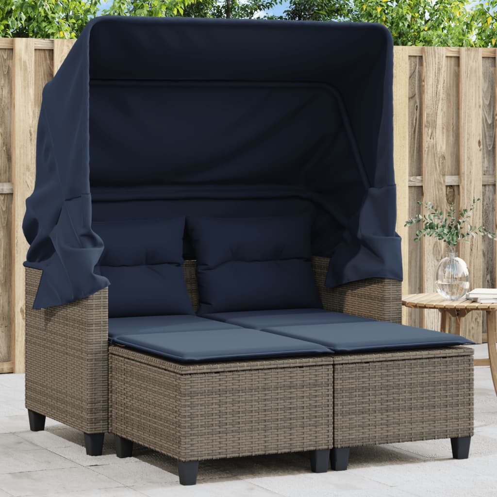 vidaXL Patio Sofa 2-Seater with Canopy and Stools Poly Rattan Brown/Gray/Black