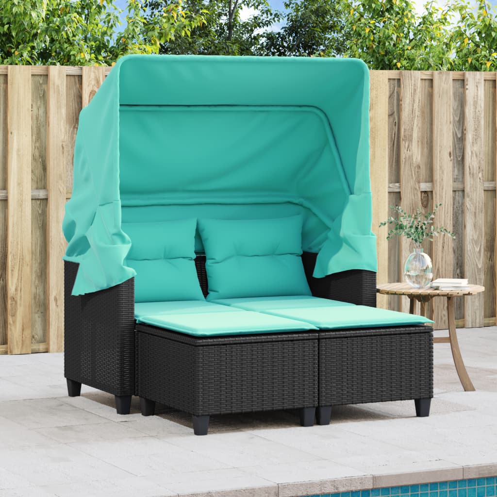 vidaXL Patio Sofa 2-Seater with Canopy and Stools Poly Rattan Brown/Gray/Black