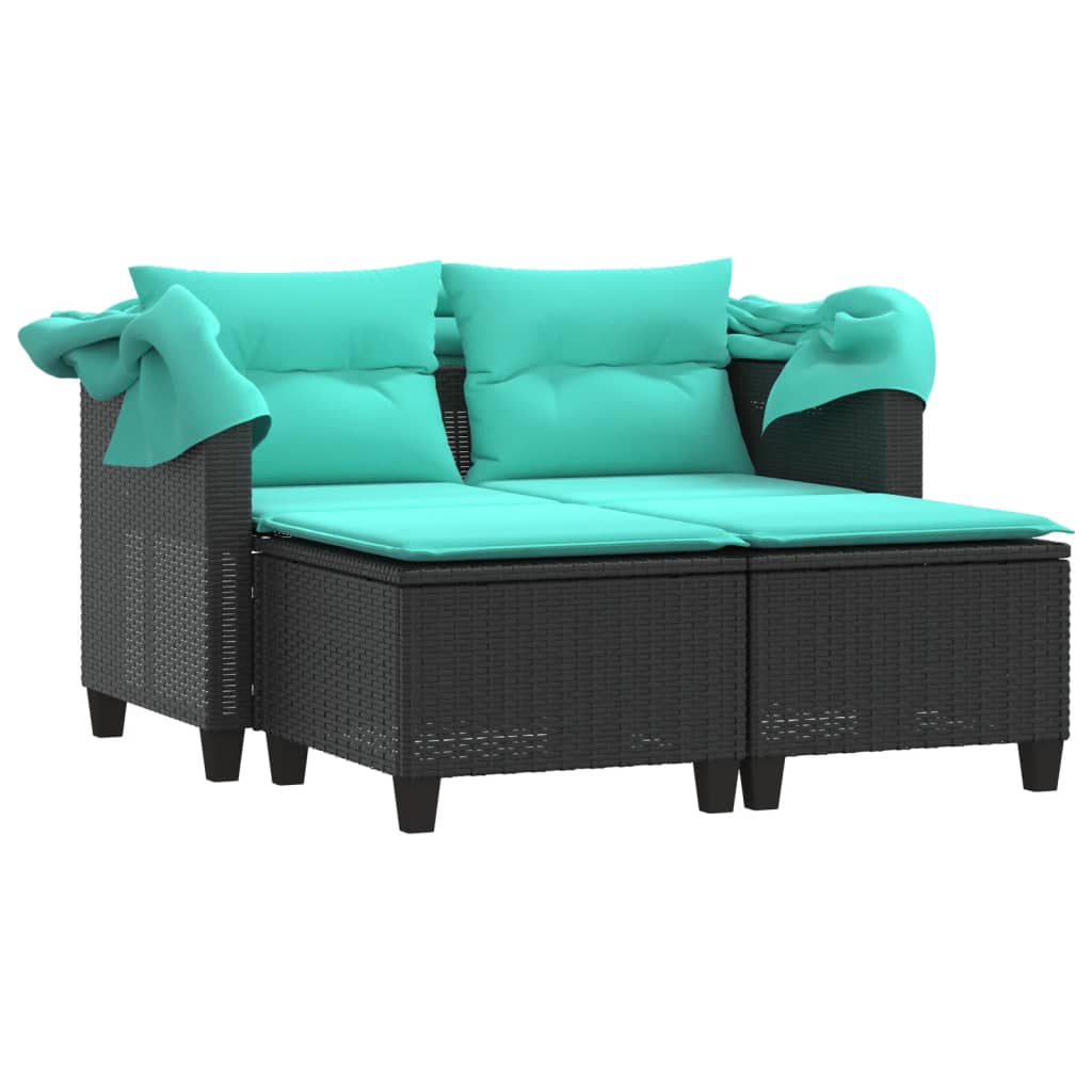 vidaXL Patio Sofa 2-Seater with Canopy and Stools Poly Rattan Brown/Gray/Black