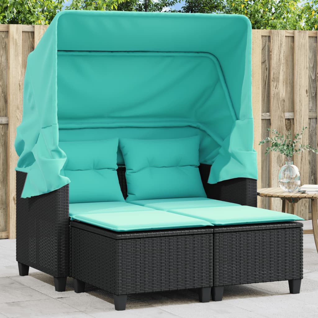 vidaXL Patio Sofa 2-Seater with Canopy and Stools Poly Rattan Brown/Gray/Black