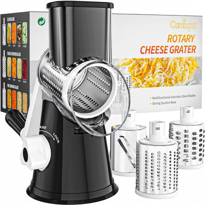 Rotary Cheese Grater Cheese Shredder -  Kitchen Manual Cheese Grater with Handle Vegetable Slicer Nuts Grinder 3 Replaceable Drum Blades and Strong Suction Base Free Cleaning Brush