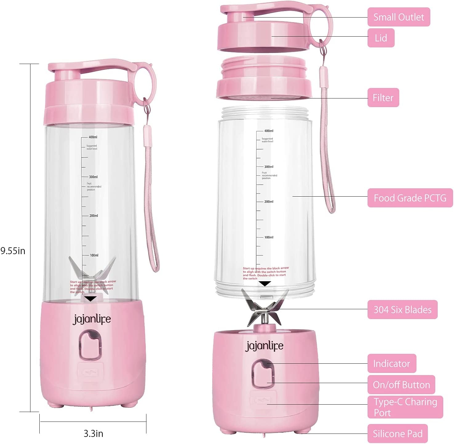 Portable Blender, Personal Size Blender for Shakes and Smoothies, 4000Mah Rechargeable Mini Travel Blender with 3D Six Blades, 13.5Oz Fruit Mixer Cup for Home, Sports, Outdoor (Pink)