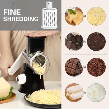 Rotary Cheese Grater Cheese Shredder -  Kitchen Manual Cheese Grater with Handle Vegetable Slicer Nuts Grinder 3 Replaceable Drum Blades and Strong Suction Base Free Cleaning Brush