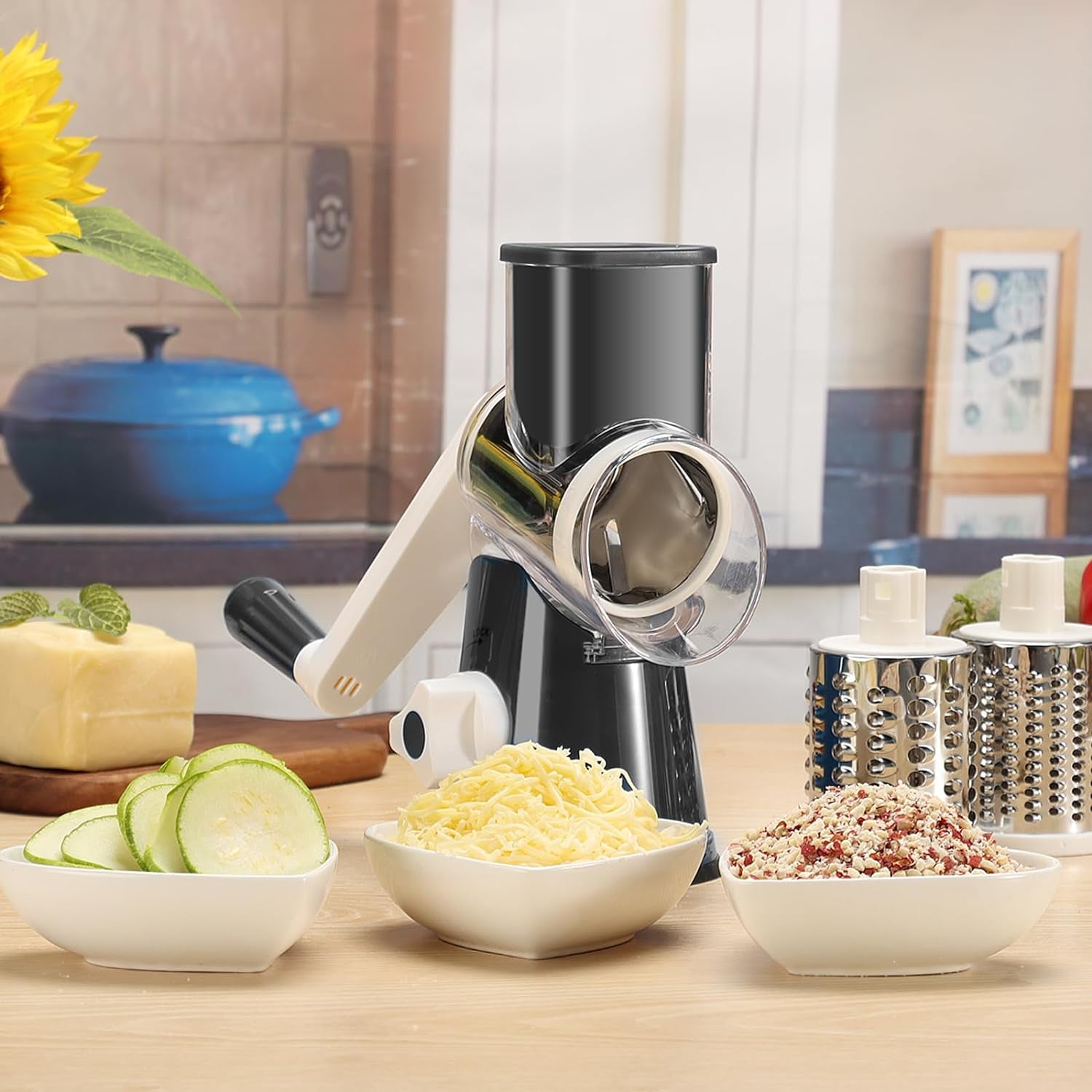 Rotary Cheese Grater Cheese Shredder -  Kitchen Manual Cheese Grater with Handle Vegetable Slicer Nuts Grinder 3 Replaceable Drum Blades and Strong Suction Base Free Cleaning Brush