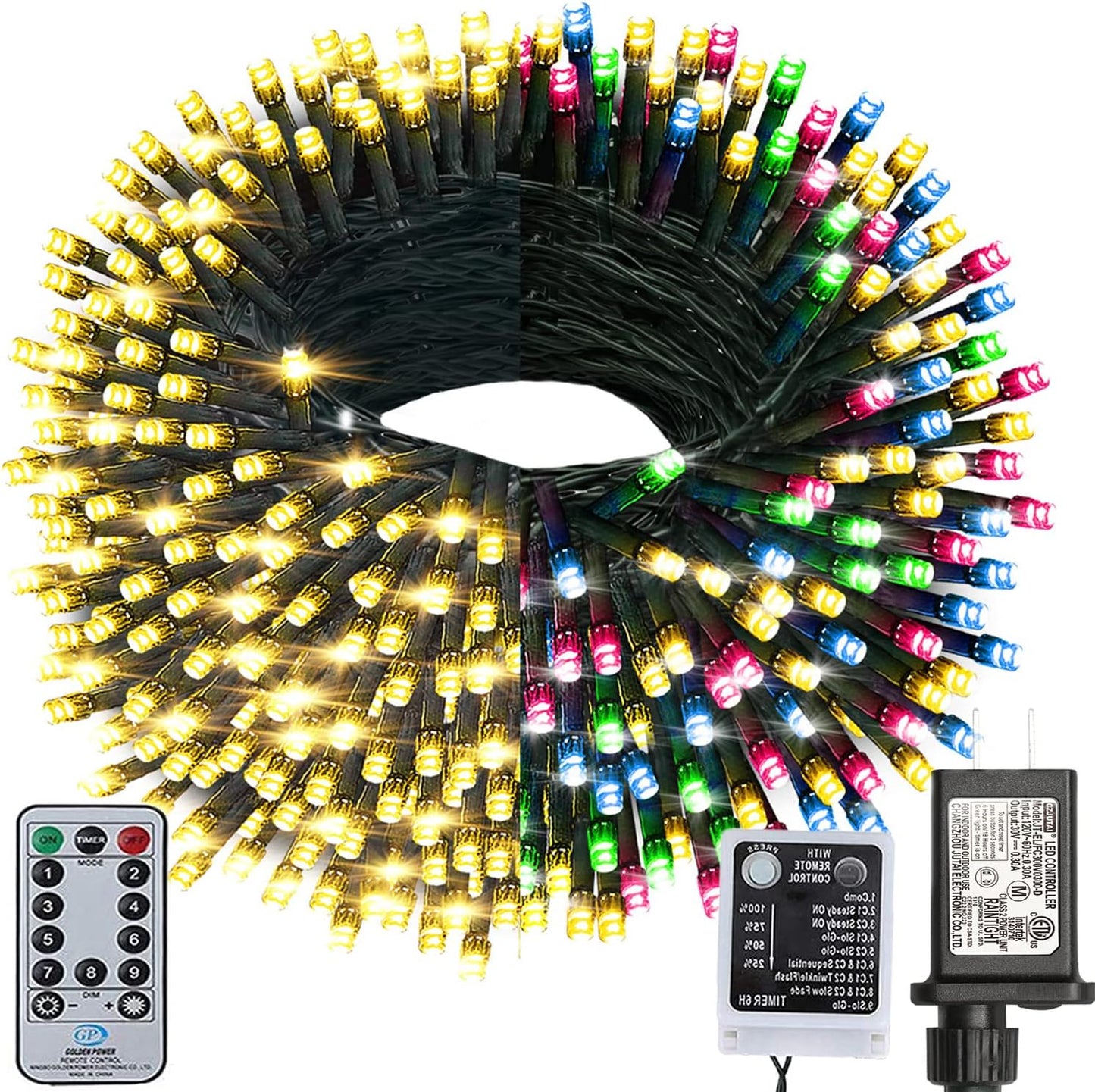 Haili 108FT Color Changing Christmas Lights, 300 LED Christmas Lights Outdoor, UL Certified 9 Lighting Modes for House Christmas Decoration, Christmas Tree Lights with Timer Remote