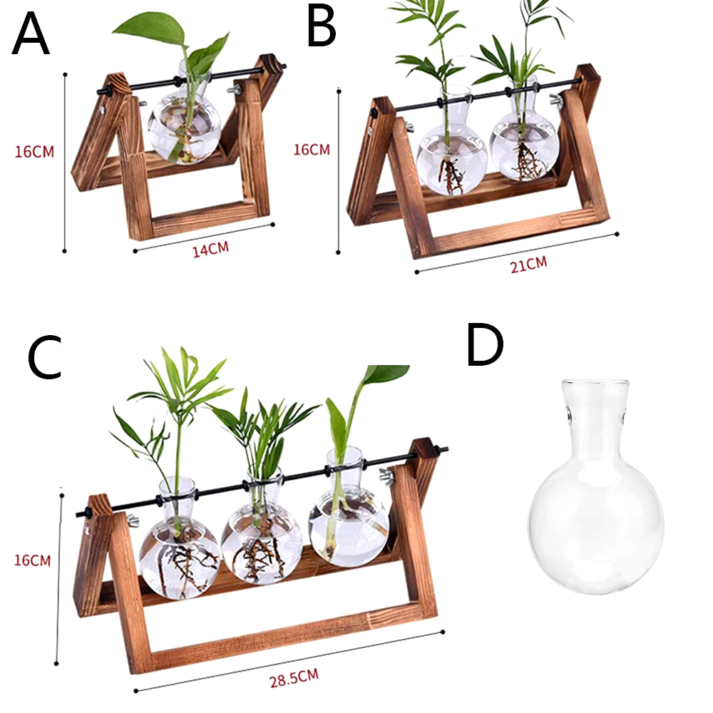 Hydroponic Plant Vases Glass Vase Vintage Bonsai Flower Pot Terrarium Tabletop Tray Wooden Frame Home Decor