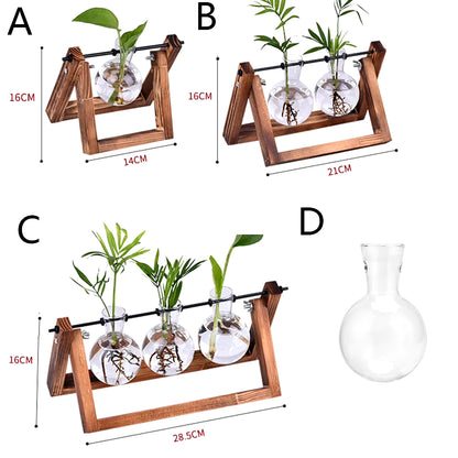 Hydroponic Plant Vases Glass Vase Vintage Bonsai Flower Pot Terrarium Tabletop Tray Wooden Frame Home Decor